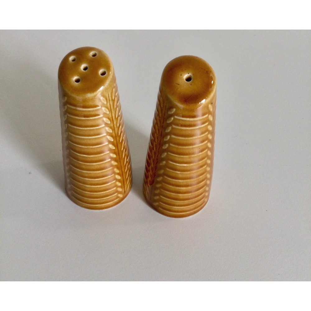 Vintage Ceramic Wheat Salt and Pepper Shakers Honey Brown Glaze Mid Century